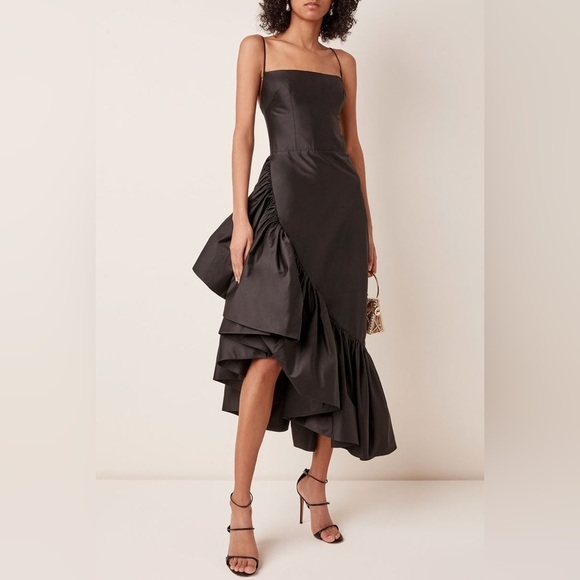 NWT Rasario Ruffled Asymmetric Silk Shantung Midi Dress Black IT 36 (US 0) - Picture 1 of 15
